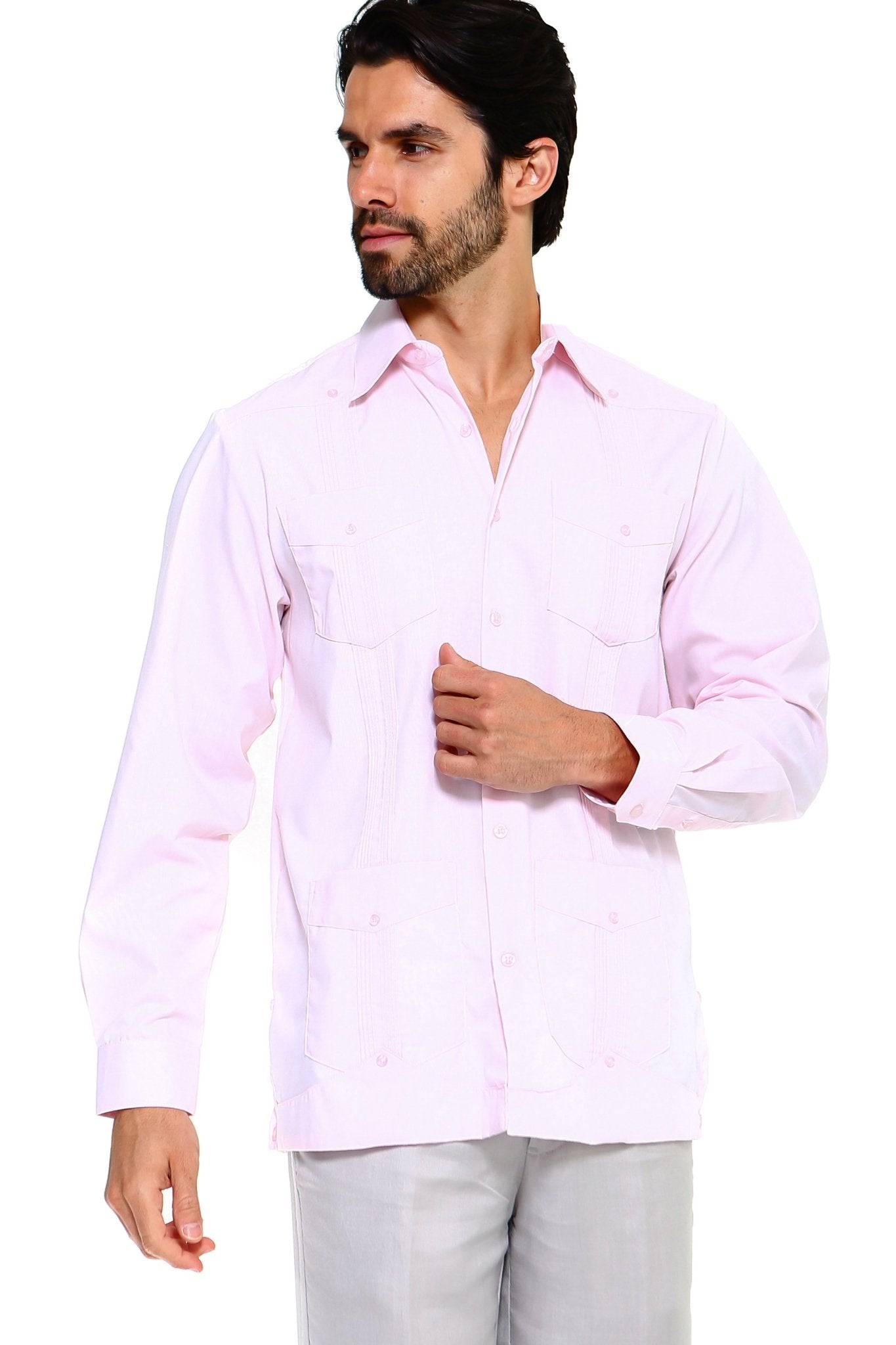 Front view of a man modeling the light pink Big & Tall Guayabera Shirt.
