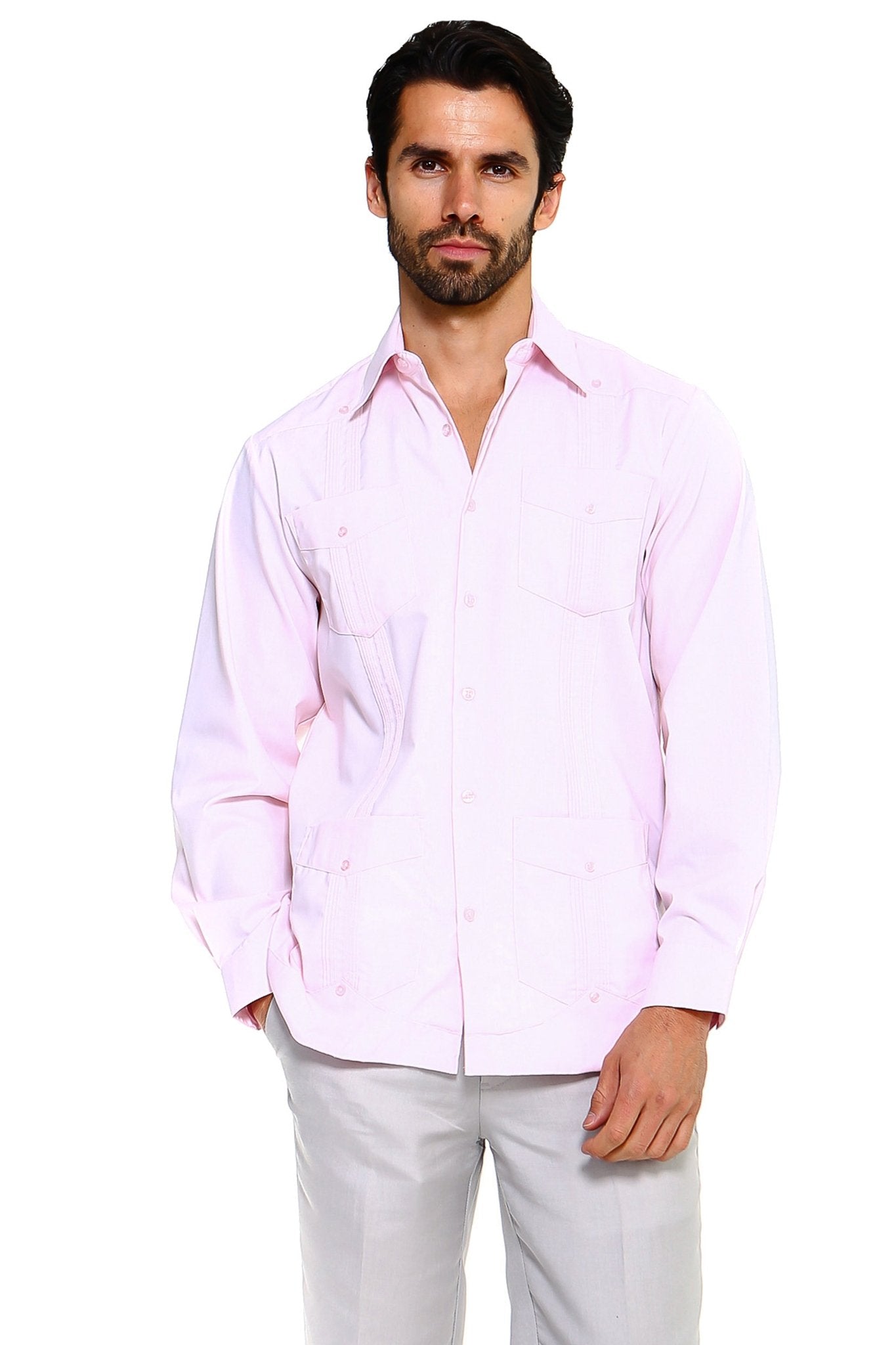 Front view of a man wearing a pink long-sleeve, 4-pocket Men’s Big & Tall Guayabera Shirt.