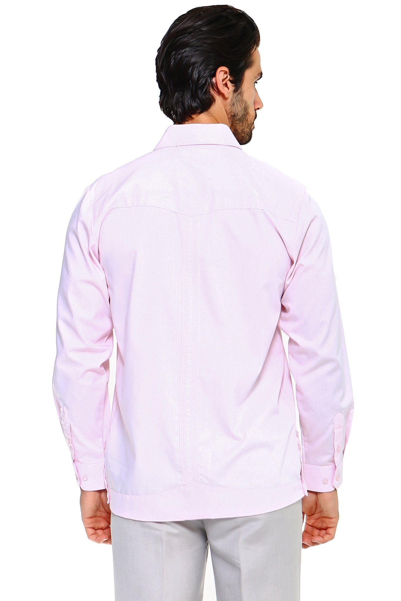 Back view of a man wearing the pink Men’s Big & Tall Guayabera Shirt, showing the long sleeves and vertical pleats.
