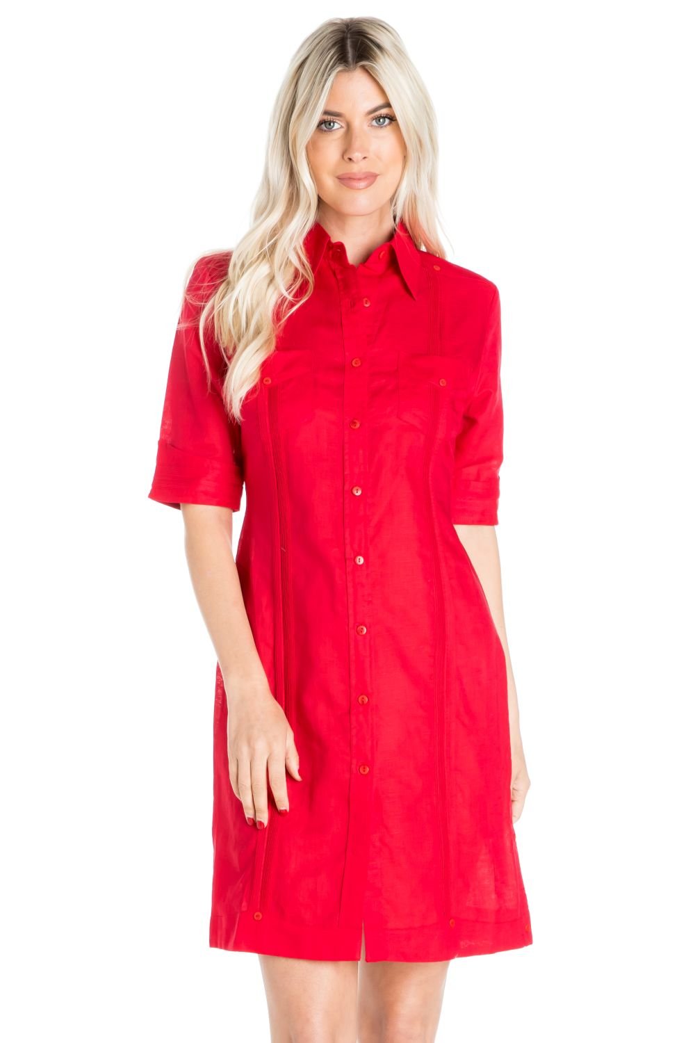 Women's Classic Guayabera Shirt-Dress Short Sleeve Linen X-Large / RED Women's Classic Guayabera Shirt-Dress Short Sleeve Linen X-Large / RED