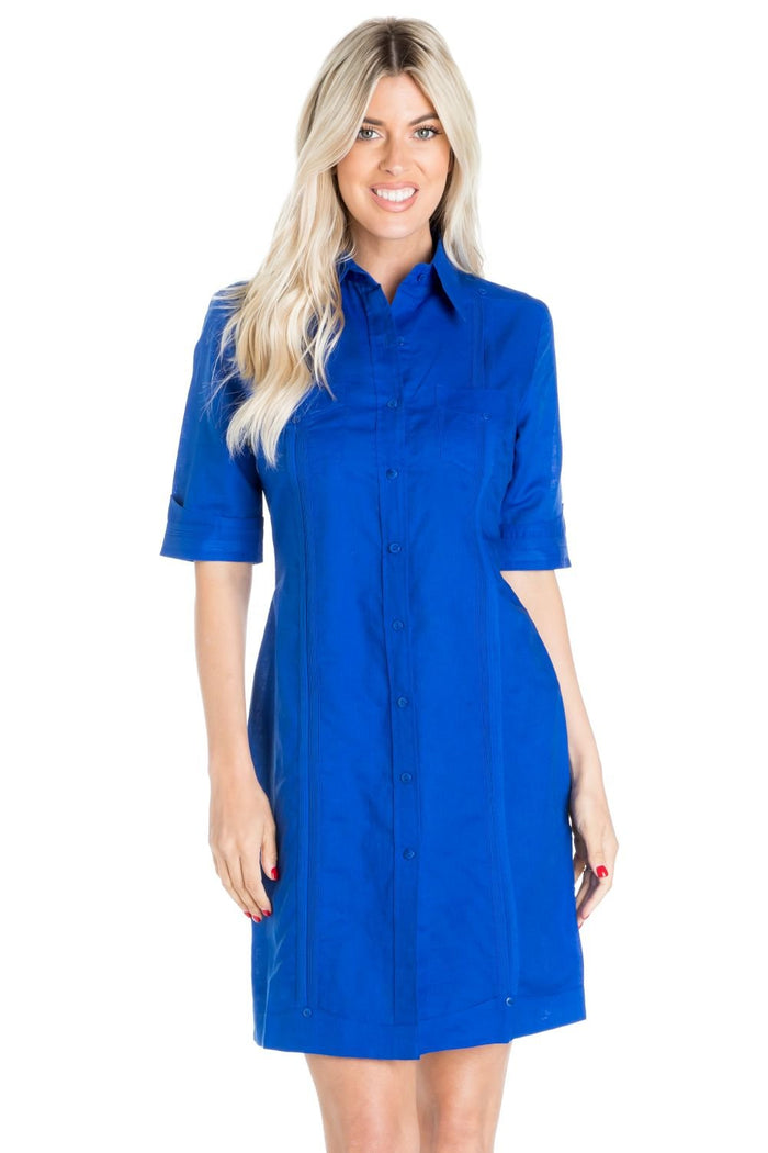 Women's white linen cotton guayabera dress, short sleeve, vacation dress, Mojito Collection