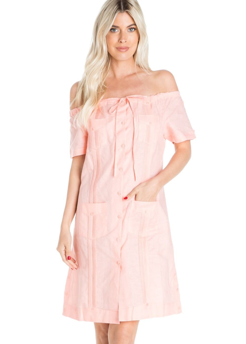 Women's Guayabera Dress Sexy Off Shoulder Linen Blend Button Down - Mojito Collection - Guayabera Dress, Long Sleeve Shirt Dress, Mojito Guayabera, Womens Guayabera Shirt Dress