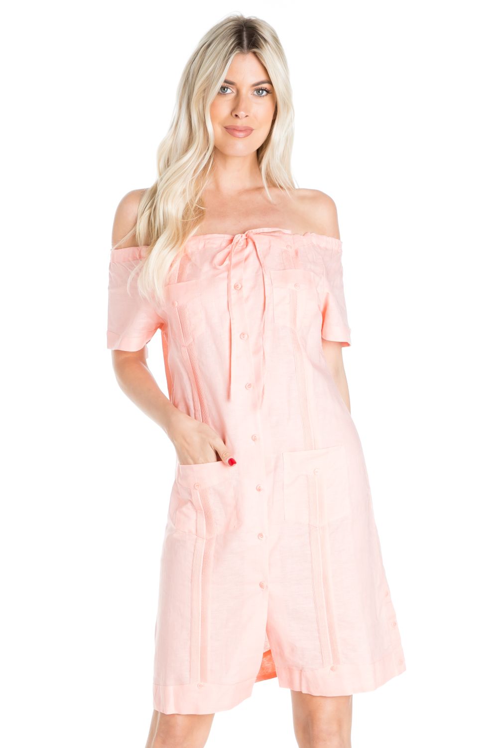 Women's Guayabera Dress Sexy Off Shoulder Linen Blend Button Down - Mojito Collection - Guayabera Dress, Long Sleeve Shirt Dress, Mojito Guayabera, Womens Guayabera Shirt Dress