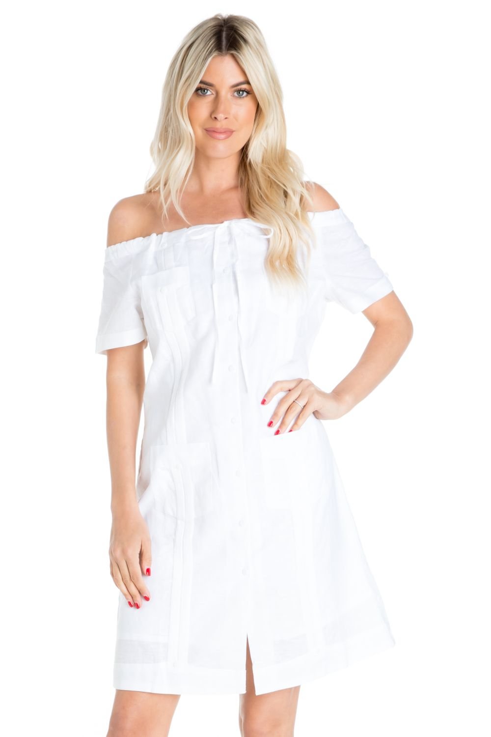 Women's Off-Shoulder Guayabera Dress | Linen Large / AQUAMARINE Women's Off-Shoulder Guayabera Dress | Linen Large / AQUAMARINE