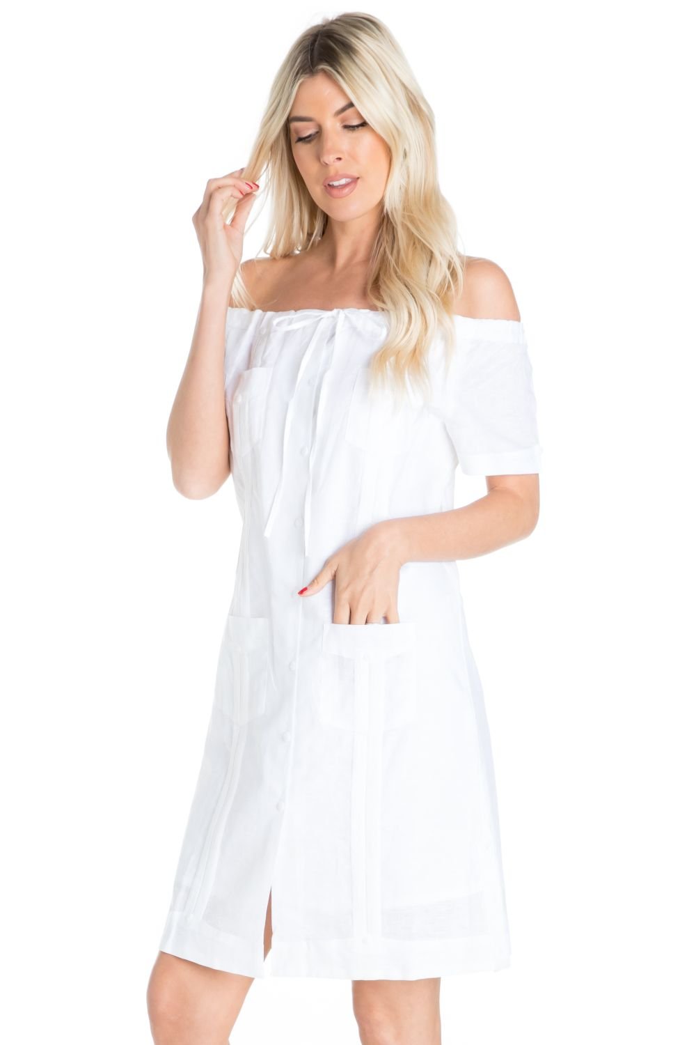 Women's Off-Shoulder Guayabera Dress | Linen Medium / White Women's Off-Shoulder Guayabera Dress | Linen Medium / White