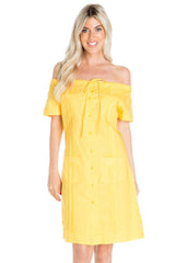 Vestido guayabera sexy de lino con hombros descubiertos y botones para mujer