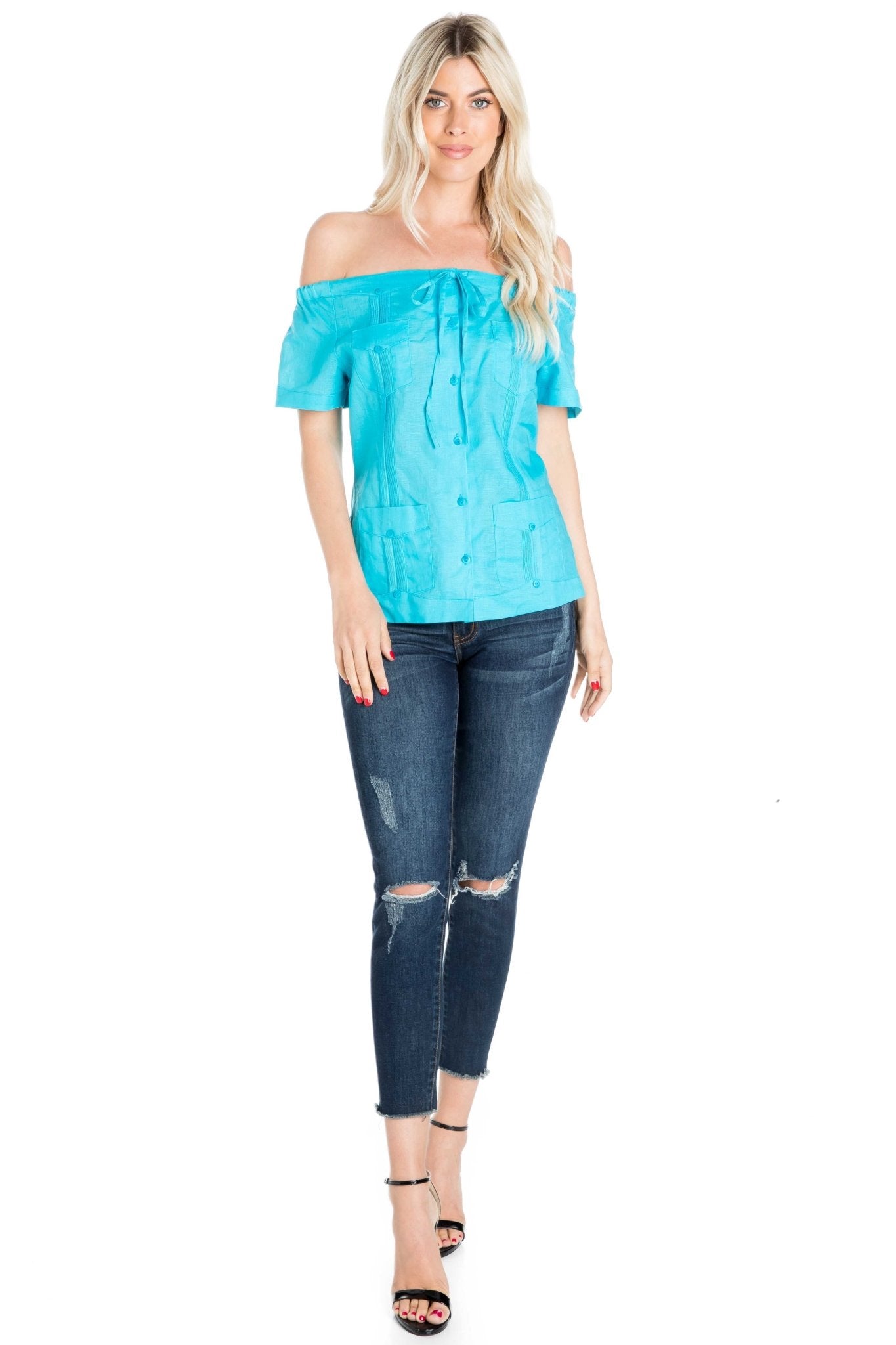 Women's Sexy Guayabera Off-Shoulder Top Button Down Linen Blend S-2X - Mojito Collection - Guayabera Halter Top, Mojito Guayabera Shirt Women, Womens Guayabera Shirt, Womens Shirt