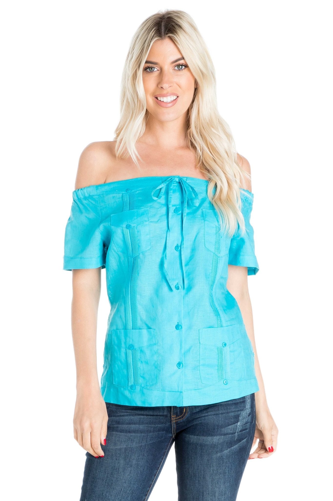 Women's Sexy Guayabera Off-Shoulder Top Button Down Linen Blend S-2X - Mojito Collection - Guayabera Halter Top, Mojito Guayabera Shirt Women, Womens Guayabera Shirt, Womens Shirt