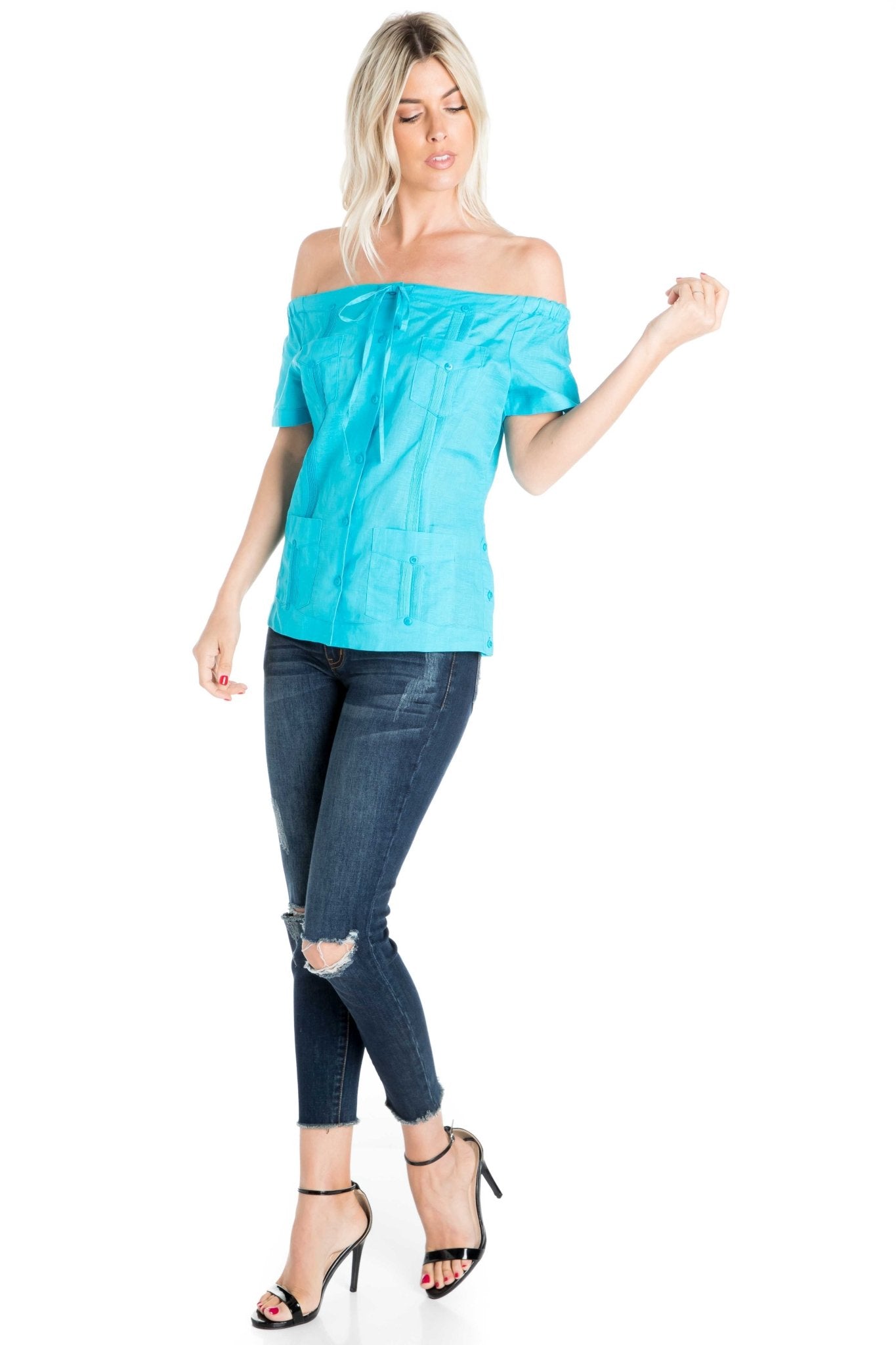 Women's Sexy Guayabera Off-Shoulder Top Button Down Linen Blend S-2X - Mojito Collection - Guayabera Halter Top, Mojito Guayabera Shirt Women, Womens Guayabera Shirt, Womens Shirt