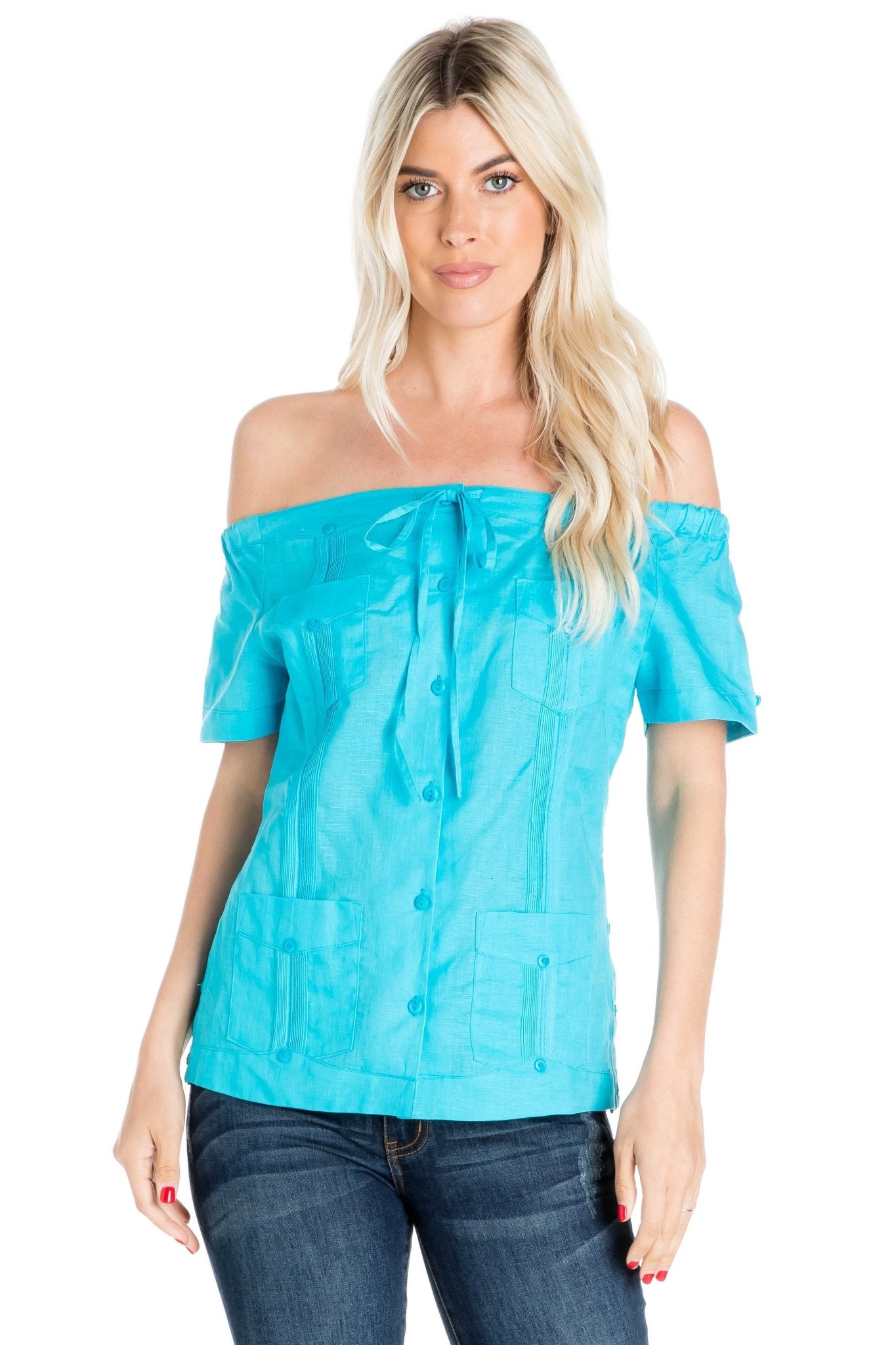 Women's Sexy Guayabera Off-Shoulder Top Button Down Linen Blend S-2X - Mojito Collection - Guayabera Halter Top, Mojito Guayabera Shirt Women, Womens Guayabera Shirt, Womens Shirt
