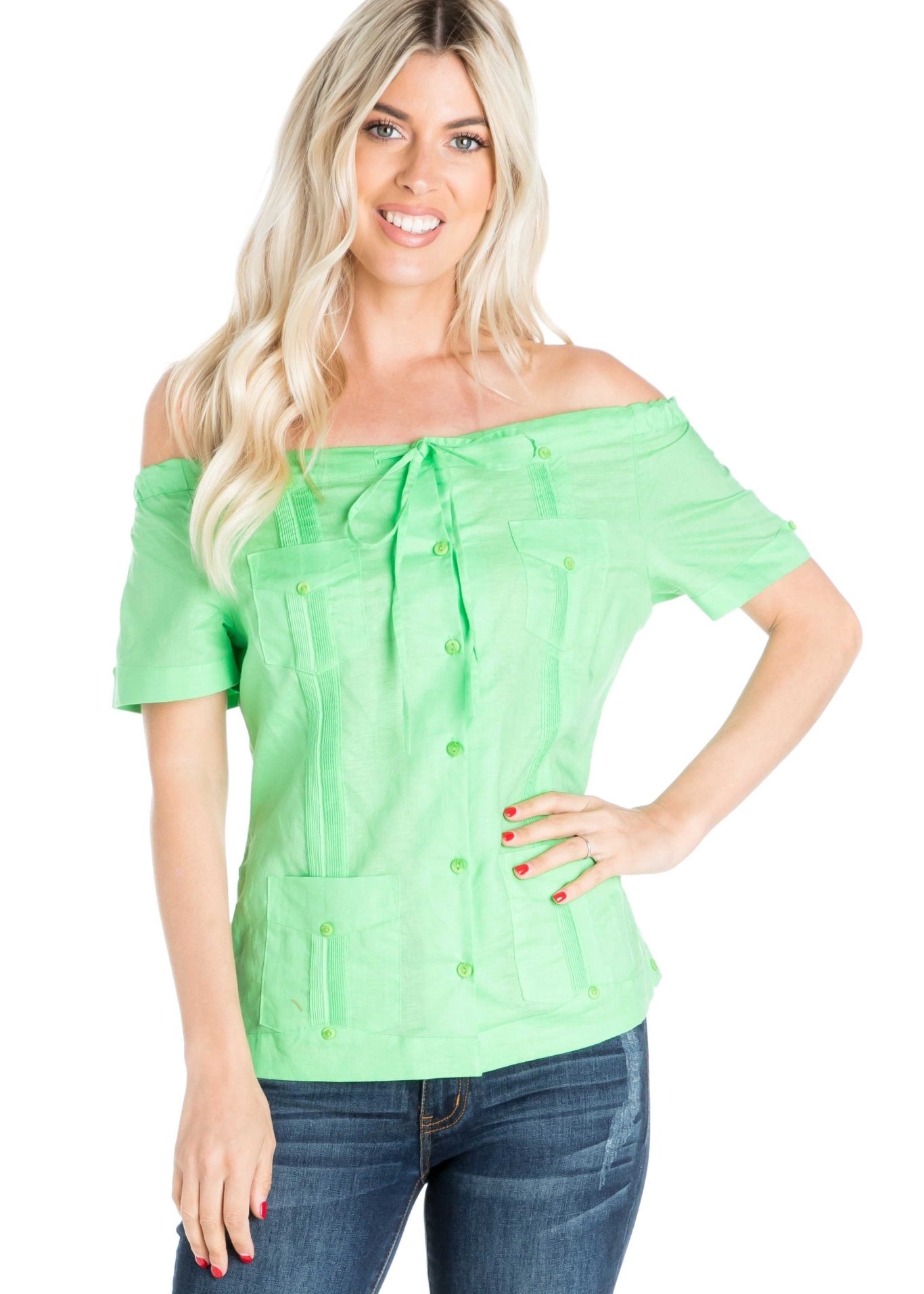 Women's Sexy Guayabera Off-Shoulder Top Button Down Linen Blend S-2X - Mojito Collection - Guayabera Halter Top, Mojito Guayabera Shirt Women, Womens Guayabera Shirt, Womens Shirt