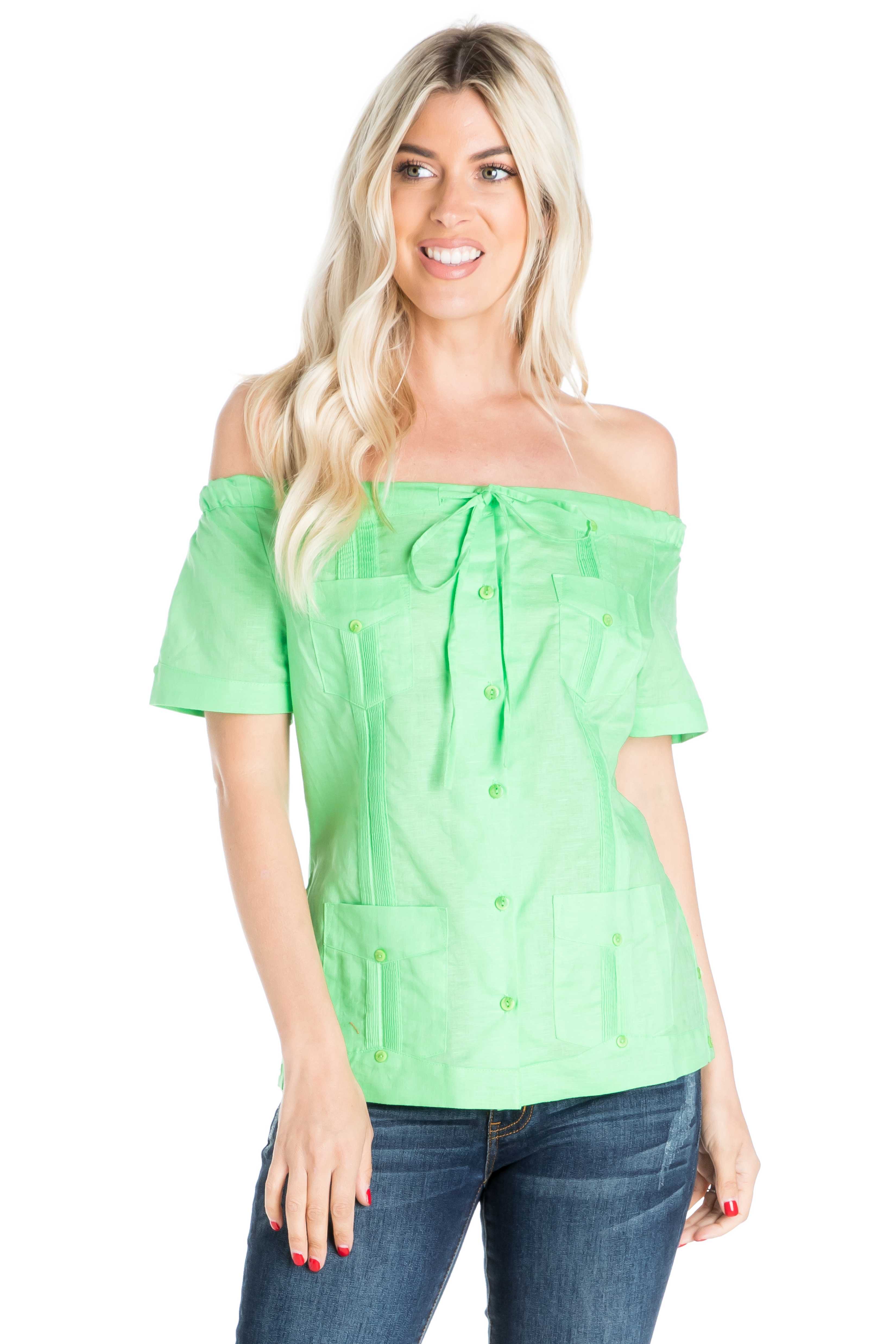 Women's Sexy Guayabera Off-Shoulder Top Button Down Linen Blend S-2X - Mojito Collection - Guayabera Halter Top, Mojito Guayabera Shirt Women, Womens Guayabera Shirt, Womens Shirt