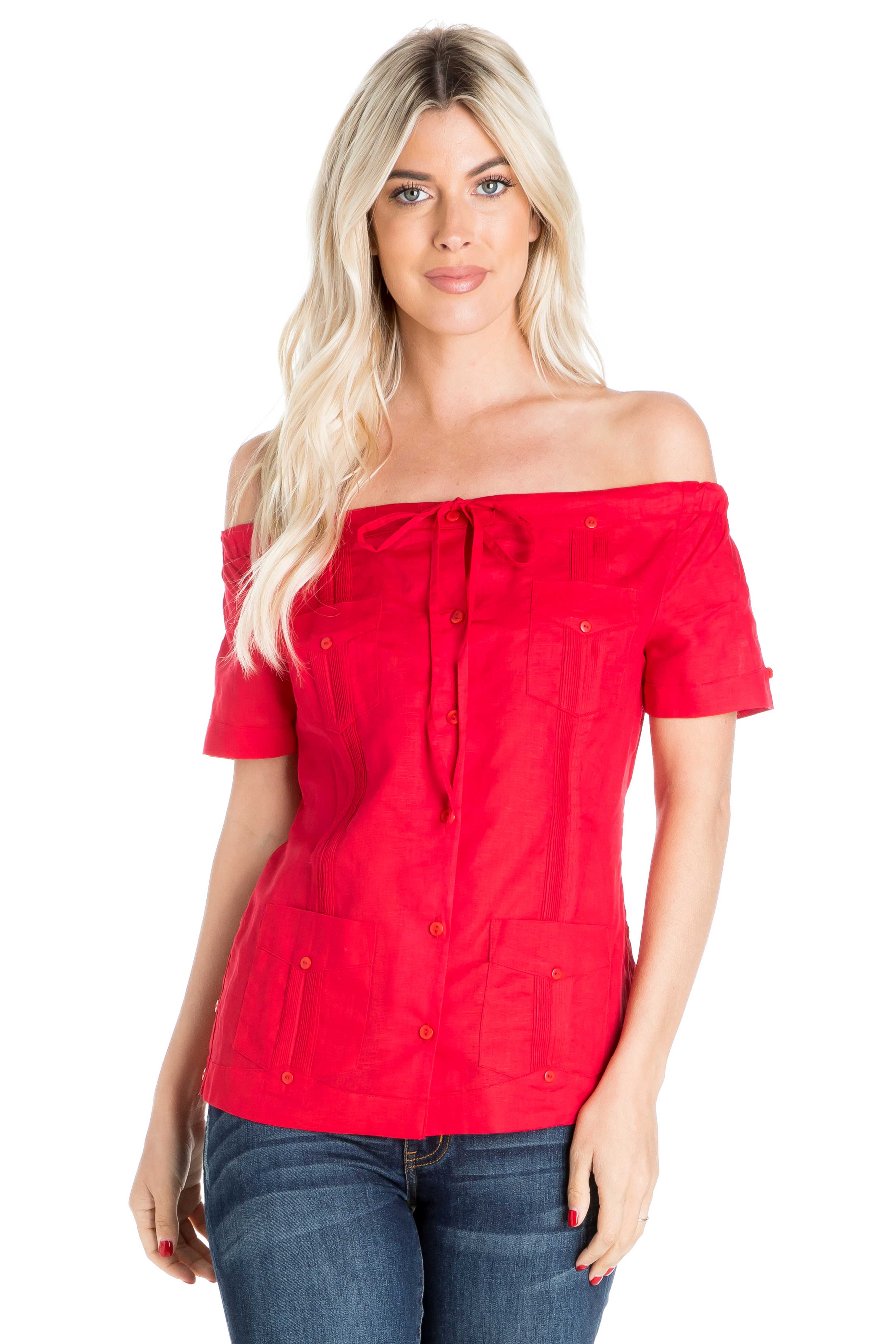 Women's Sexy Guayabera Off-Shoulder Top Button Down Linen Blend S-2X - Mojito Collection - Guayabera Halter Top, Mojito Guayabera Shirt Women, Womens Guayabera Shirt, Womens Shirt