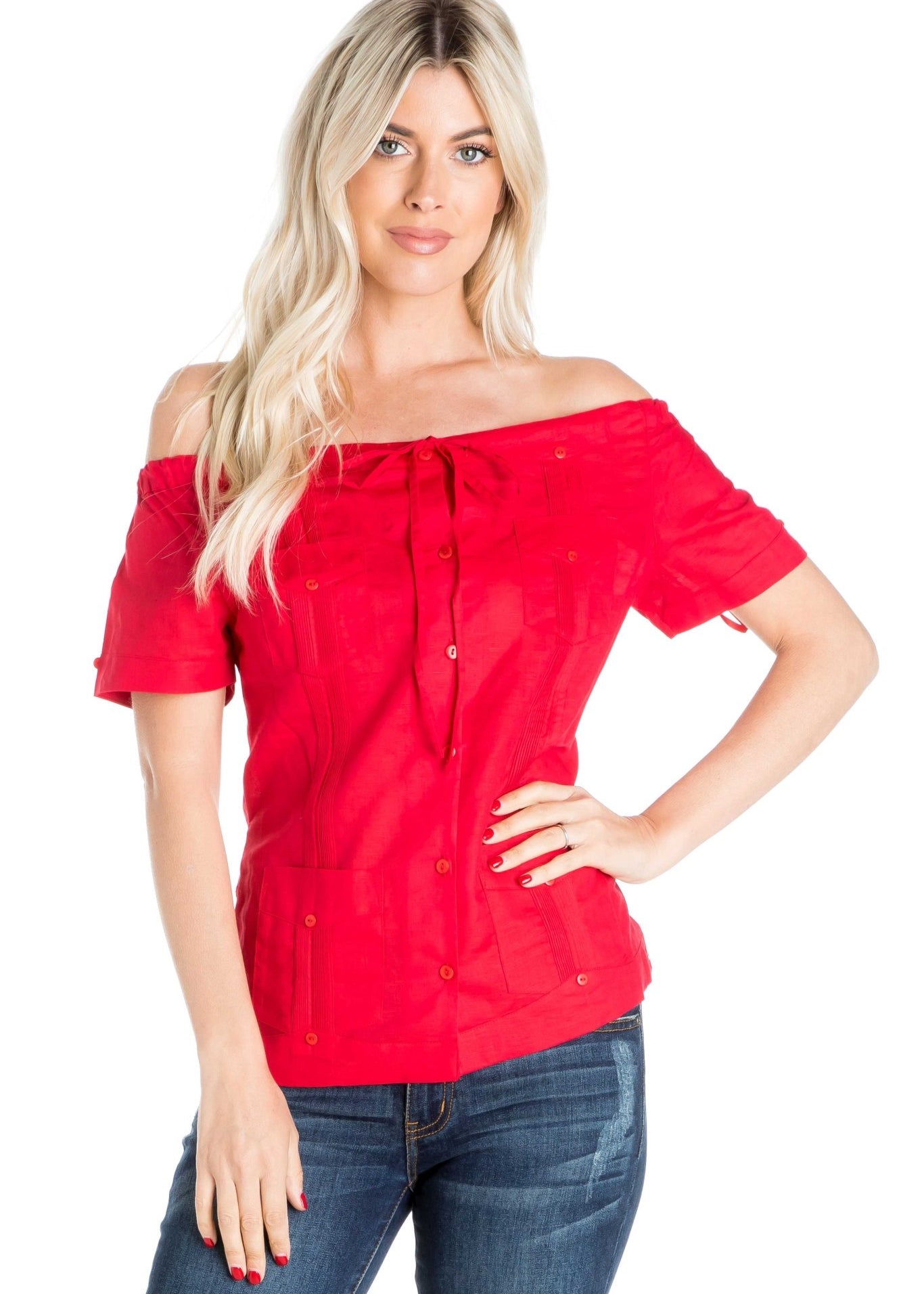 Women's Sexy Guayabera Off-Shoulder Top Button Down Linen Blend S-2X - Mojito Collection - Guayabera Halter Top, Mojito Guayabera Shirt Women, Womens Guayabera Shirt, Womens Shirt