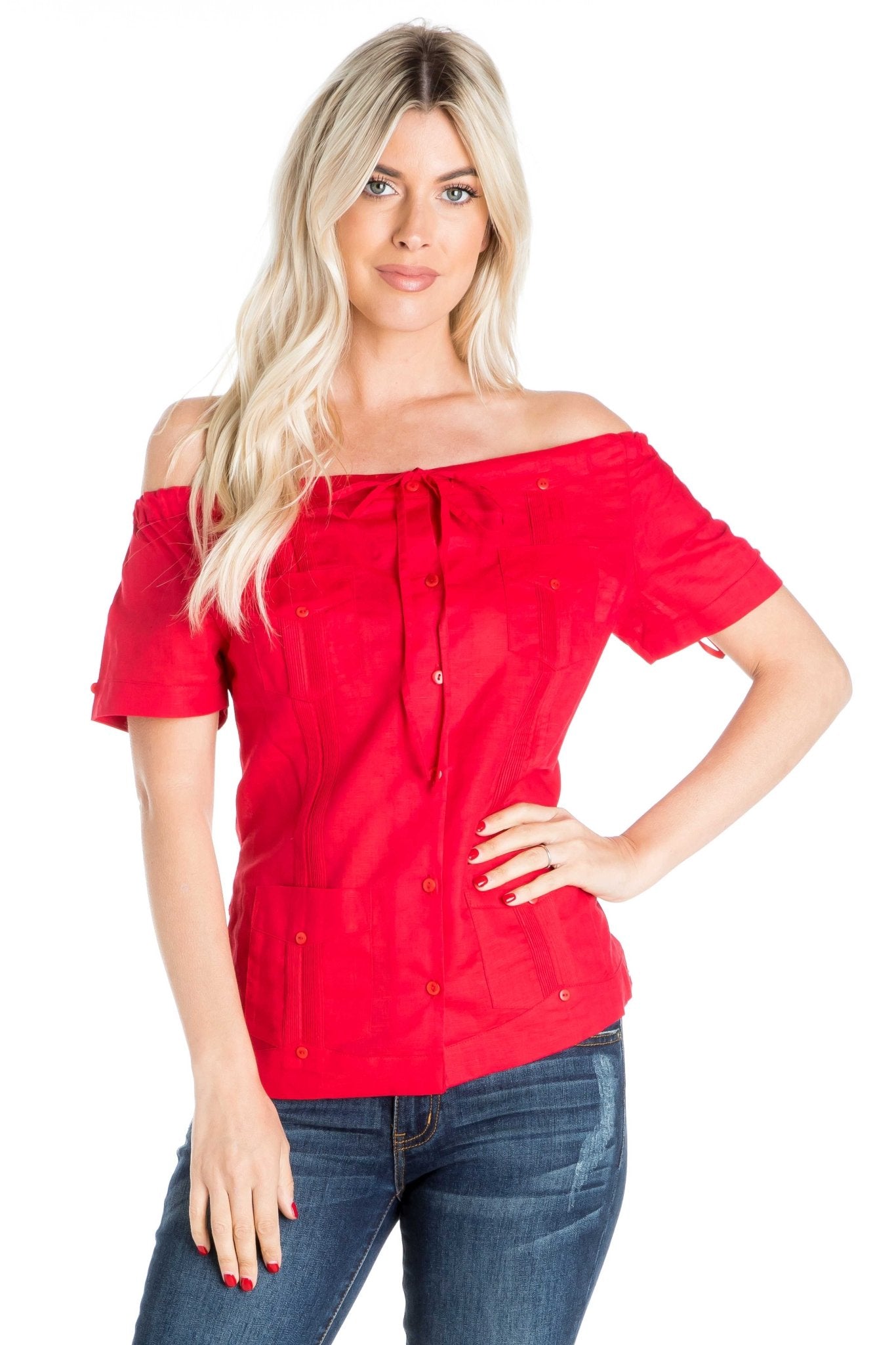 Women's Sexy Guayabera Off-Shoulder Top Button Down Linen Blend S-2X - Mojito Collection - Guayabera Halter Top, Mojito Guayabera Shirt Women, Womens Guayabera Shirt, Womens Shirt