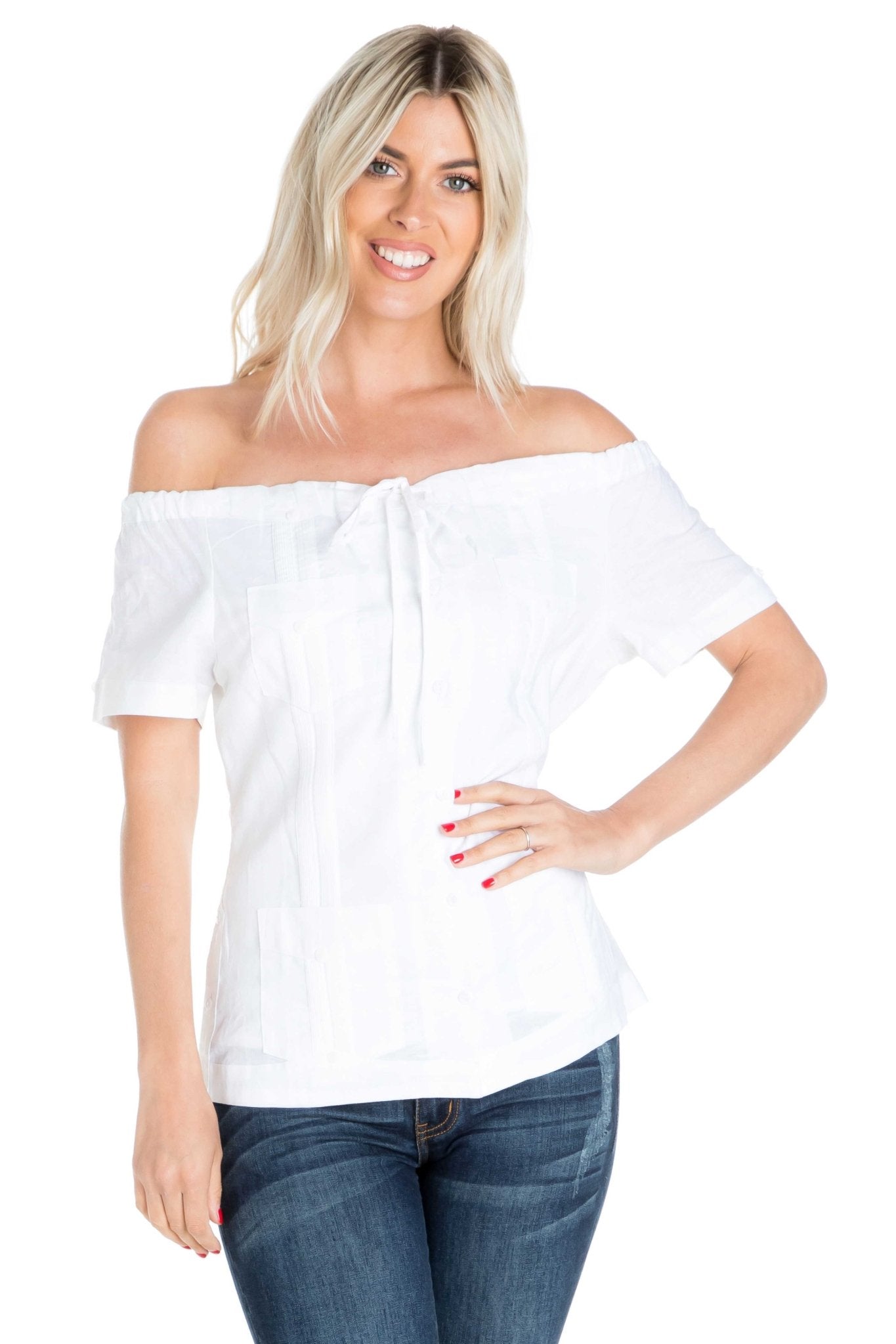 Women's Sexy Guayabera Off-Shoulder Top Button Down Linen Blend S-2X - Mojito Collection - Guayabera Halter Top, Mojito Guayabera Shirt Women, Womens Guayabera Shirt, Womens Shirt