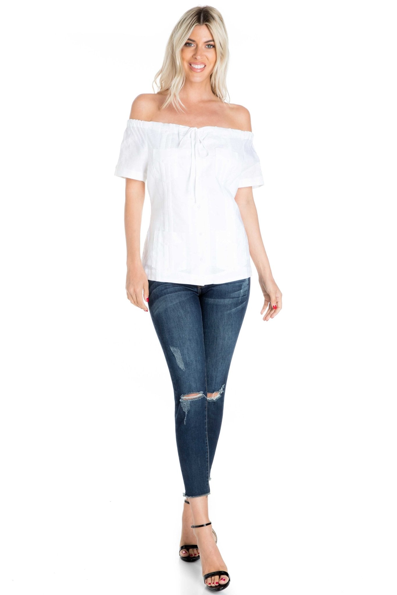 Women's Sexy Guayabera Off-Shoulder Top Button Down Linen Blend S-2X - Mojito Collection - Guayabera Halter Top, Mojito Guayabera Shirt Women, Womens Guayabera Shirt, Womens Shirt