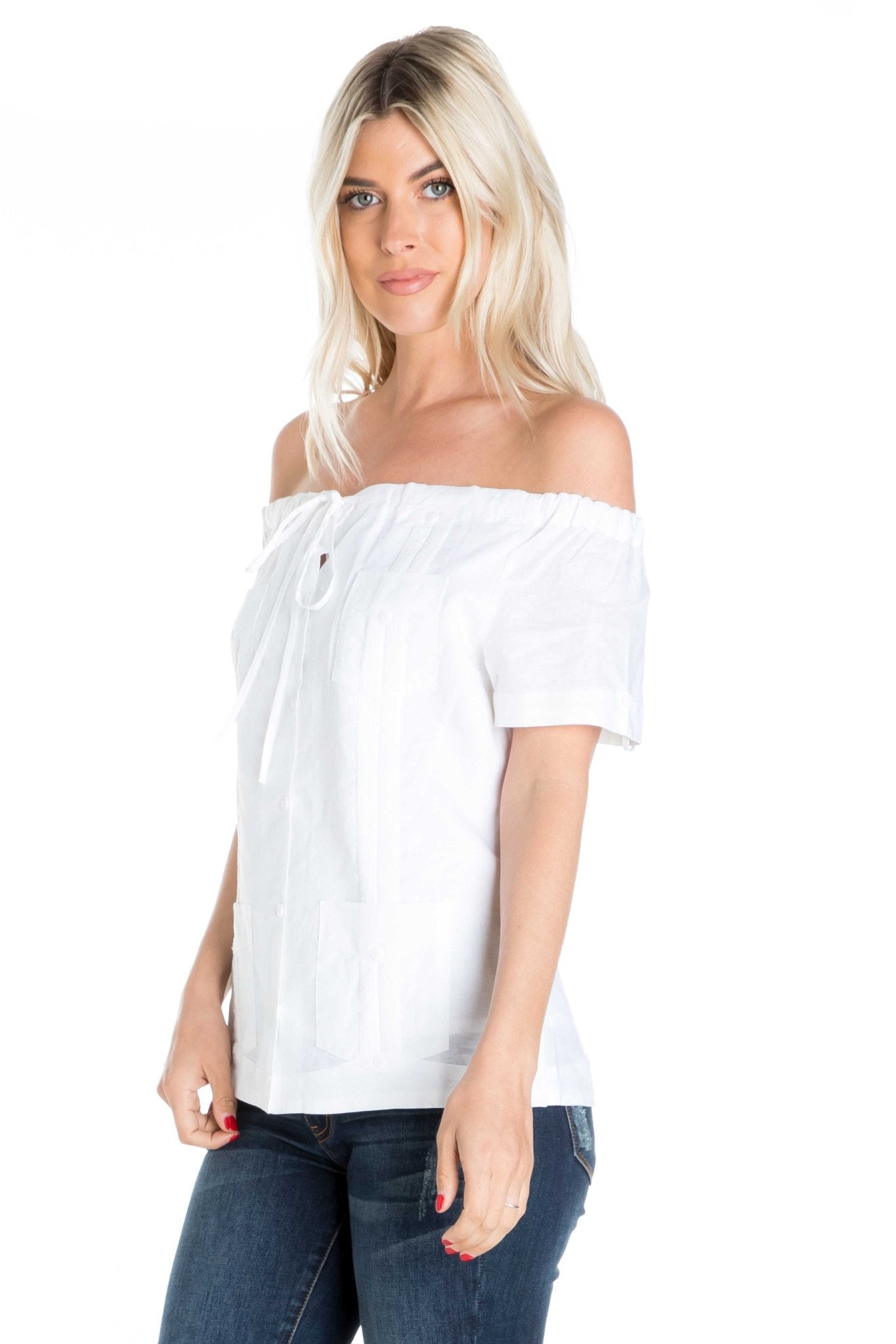 Women's Sexy Guayabera Off-Shoulder Top Button Down Linen Blend S-2X - Mojito Collection - Guayabera Halter Top, Mojito Guayabera Shirt Women, Womens Guayabera Shirt, Womens Shirt