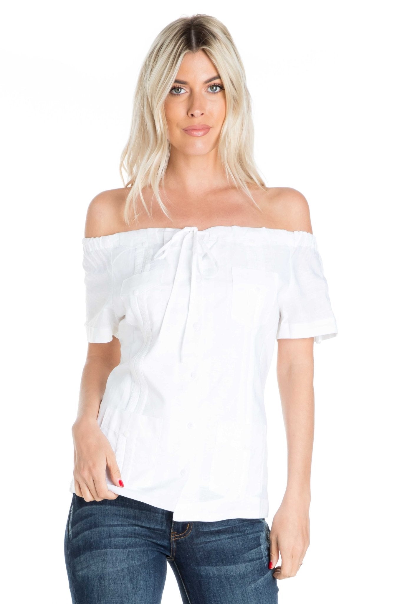 Women's Sexy Guayabera Off-Shoulder Top Button Down Linen Blend S-2X - Mojito Collection - Guayabera Halter Top, Mojito Guayabera Shirt Women, Womens Guayabera Shirt, Womens Shirt