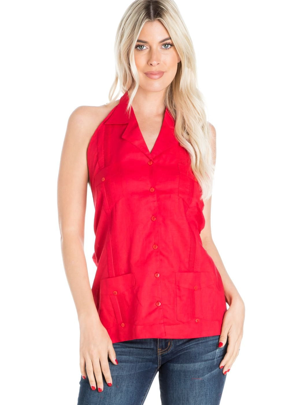 Women's Sexy Guayabera Halter Top Button Down Linen Blend S-2X - Mojito Collection - Guayabera Halter Top, Mojito Guayabera Shirt Women, Womens Guayabera Shirt, Womens Shirt
