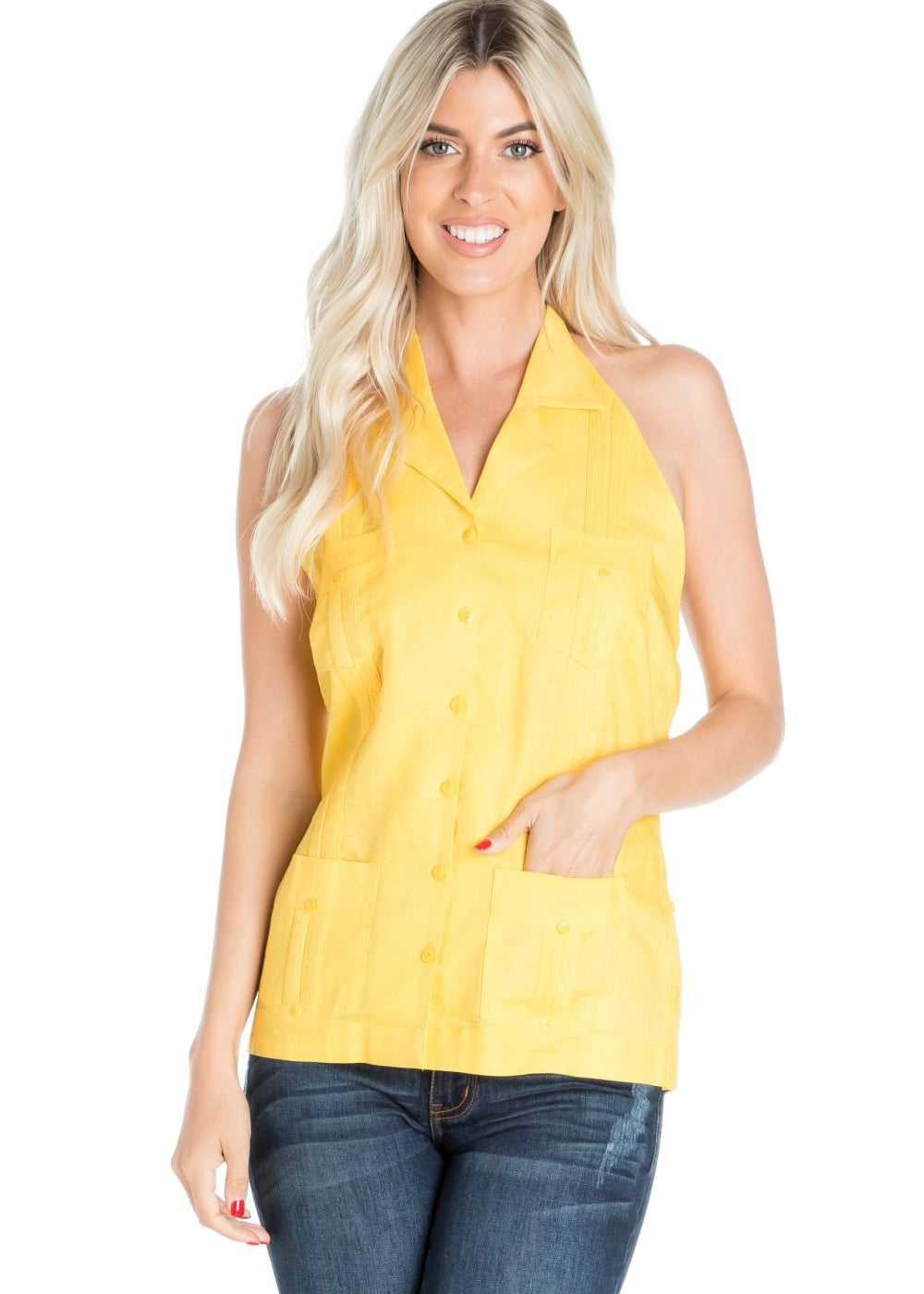 Women's Sexy Guayabera Halter Top Button Down Linen Blend S-2X - Mojito Collection - Guayabera Halter Top, Mojito Guayabera Shirt Women, Womens Guayabera Shirt, Womens Shirt