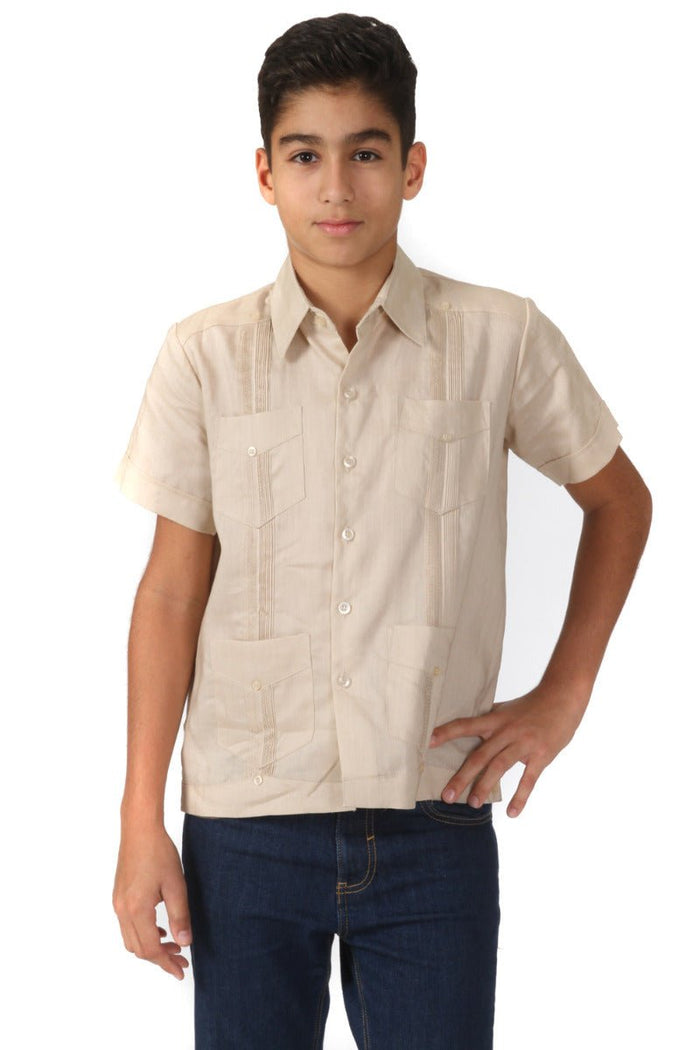 Junior Boys 100% Linen Guayabera Shirt Short Sleeve 4 Pocked Design 14Y-20Y