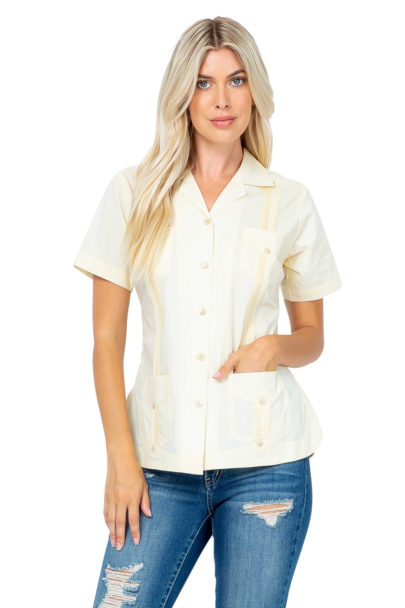 Women's Traditional Guayabera Shirt Cotton Blend 4 Pocket Design Short Sleeve - Mojito Collection - Mojito Lady Guayabera Shirt, Women's Guayabera Shirt, Womens Guayabera Short Sleeve Shirt, 