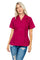 Front view of a blonde model wearing a magenta Women's Short Sleeve Guayabera with 4 pockets.