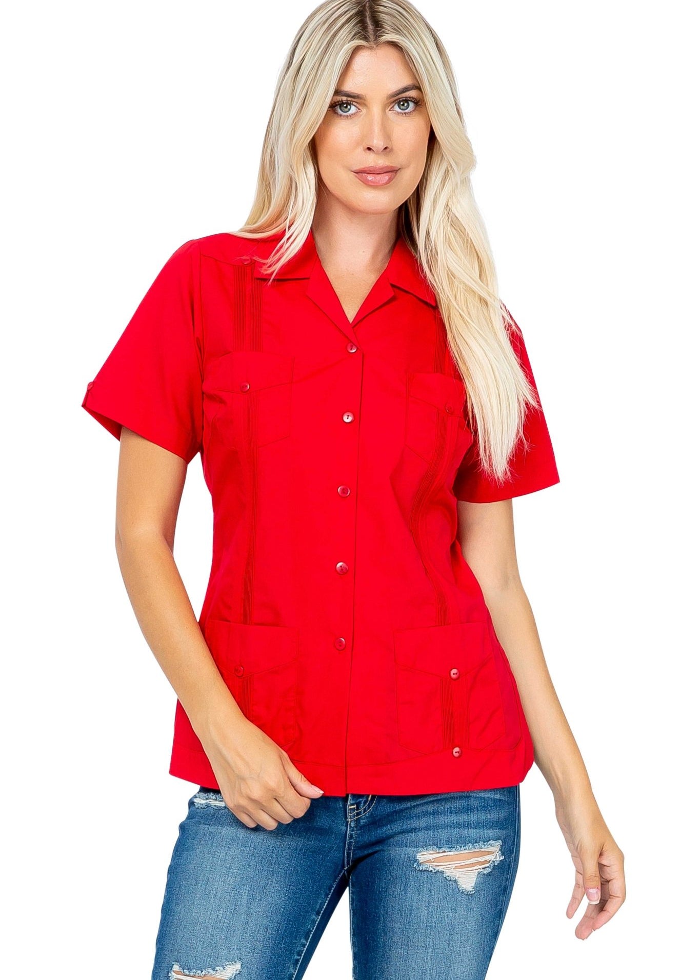 A woman models the red, short sleeve Guayabera with 4 pockets, shown from the front.