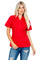 A woman models the red, short sleeve Guayabera with 4 pockets, shown from the front.