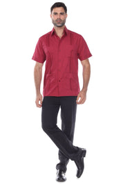 Front view of a burgundy men’s short sleeve guayabera shirt featuring the signature 4-pocket heritage style.