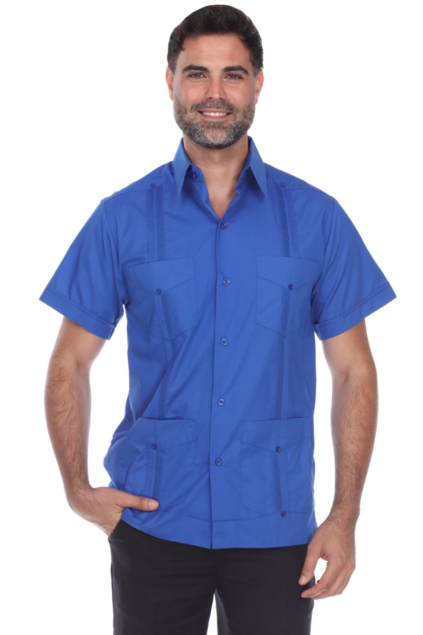 Front view of a blue Men’s Short Sleeve Guayabera Shirt with traditional 4-pocket front and signature vertical pleats.