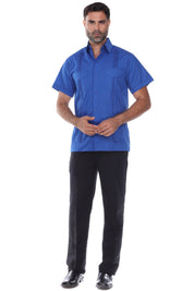 Full-length view of a blue short sleeve guayabera paired with black trousers, perfect for beach weddings or resort dinners.