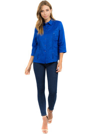 Full view of a Royal Blue Women’s 100% Linen Guayabera Shirt with 3/4 sleeves and traditional 4-pocket Cuban style.