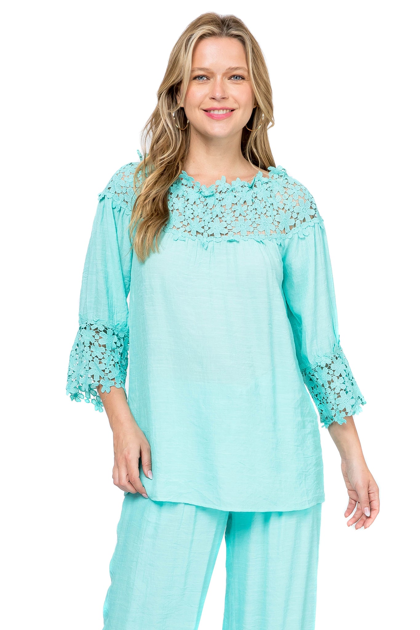 Women's Casual Crochet Trimmed Scoop Neck ¾ Sleeve Tunic Top - Mojito Collection - Vacation Clothing, Women's Clothing, Women's Resort Wear, Women's Top