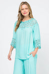 Women's Casual Crochet Trimmed Scoop Neck ¾ Sleeve Tunic Top - Mojito Collection - Vacation Clothing, Women's Clothing, Women's Resort Wear, Women's Top