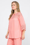 Women's Casual Crochet Trimmed Scoop Neck ¾ Sleeve Tunic Top - Mojito Collection - Vacation Clothing, Women's Clothing, Women's Resort Wear, Women's Top