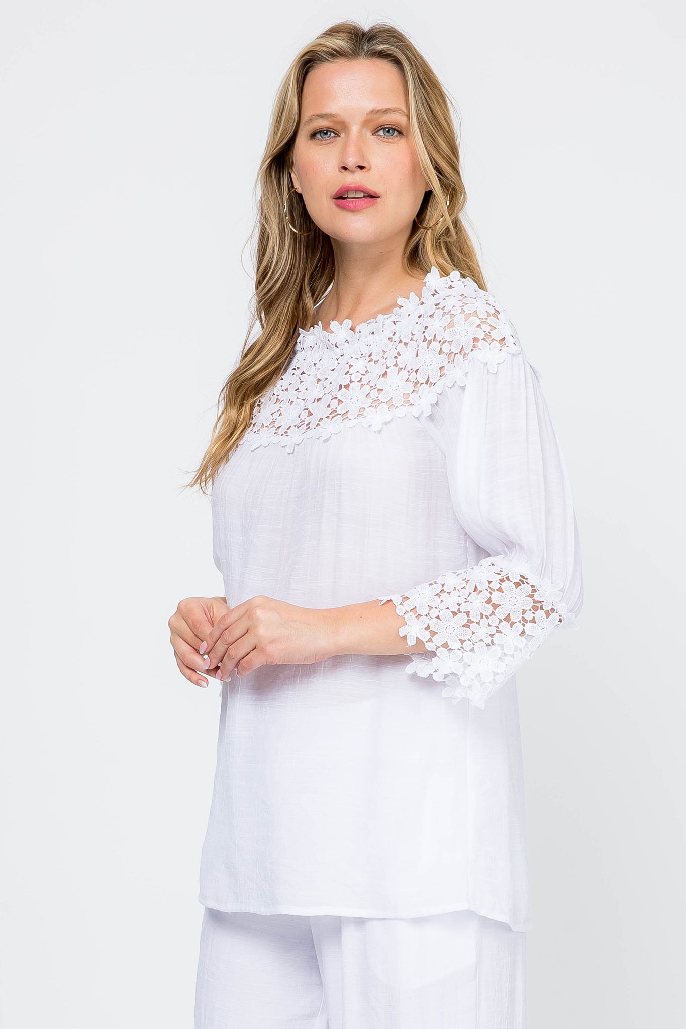 Women's Casual Crochet Trimmed Scoop Neck ¾ Sleeve Tunic Top - Mojito Collection - Vacation Clothing, Women's Clothing, Women's Resort Wear, Women's Top