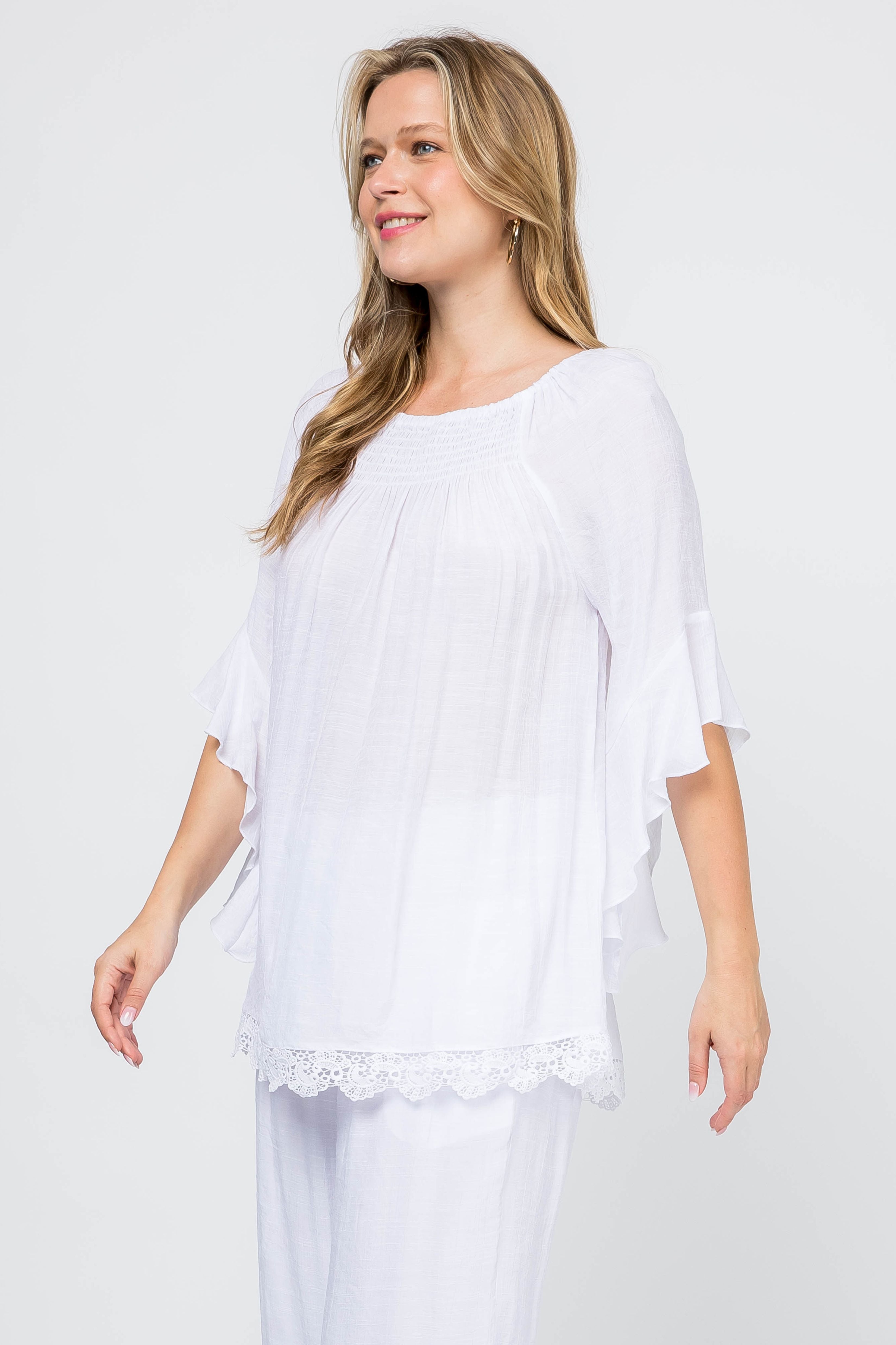 Women's Casual Smocked Neckline Crochet Trimmed Hem and ¾ Flared Sleeve Tunic Top - Mojito Collection - Vacation Clothing, Women's Clothing, Women's Resort Wear, Women's Top