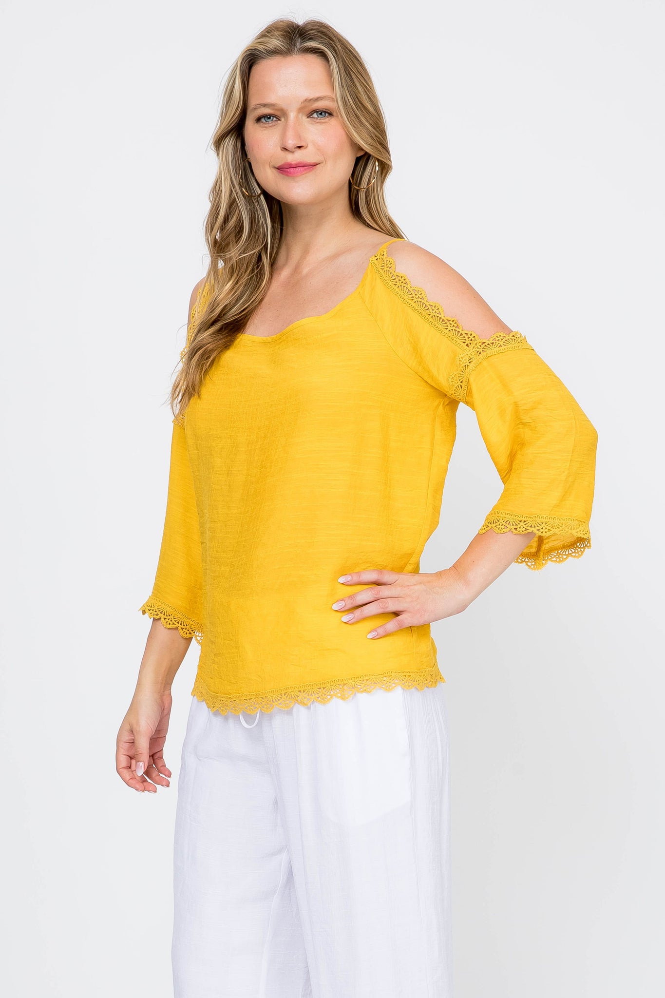 Women's Casual Cold Shoulder Scoop Neck Crochet Trimmed Hem and 3/4 Sleeve Tunic Top - Mojito Collection - Vacation Clothing, Women's Clothing, Women's Resort Wear, Women's Top