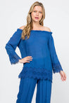 Women's Casual Off-Shoulder Crochet Trimmed Hem and Sleeve Tunic Top - Mojito Collection - Vacation Clothing, Women's Clothing, Women's Resort Wear, Women's Top