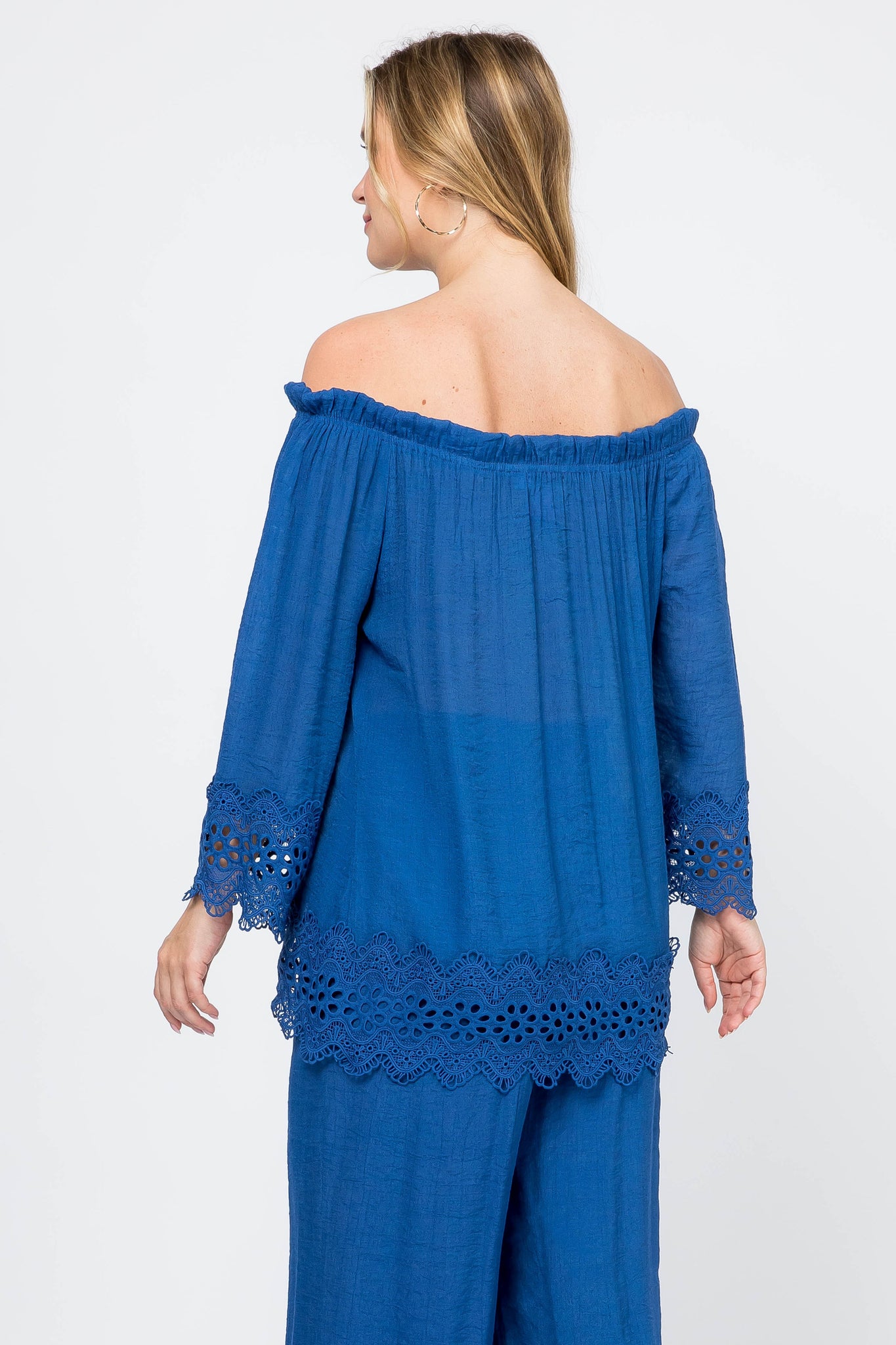 Women's Casual Off-Shoulder Crochet Trimmed Hem and Sleeve Tunic Top - Mojito Collection - Vacation Clothing, Women's Clothing, Women's Resort Wear, Women's Top