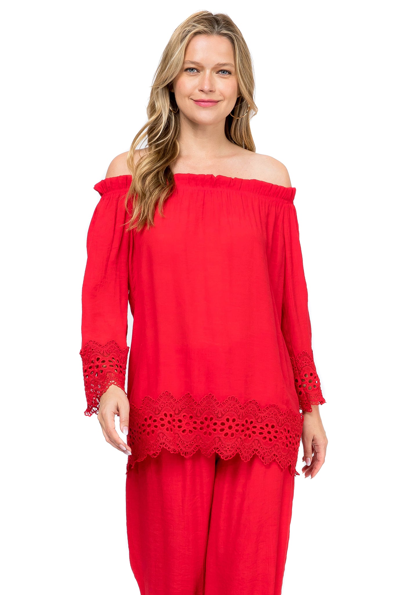 Women's Casual Off-Shoulder Crochet Trimmed Hem and Sleeve Tunic Top - Mojito Collection - Vacation Clothing, Women's Clothing, Women's Resort Wear, Women's Top