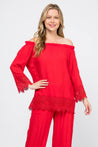 Women's Casual Off-Shoulder Crochet Trimmed Hem and Sleeve Tunic Top - Mojito Collection - Vacation Clothing, Women's Clothing, Women's Resort Wear, Women's Top