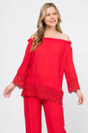 Women's Casual Off-Shoulder Crochet Trimmed Hem and Sleeve Tunic Top - Mojito Collection - Vacation Clothing, Women's Clothing, Women's Resort Wear, Women's Top