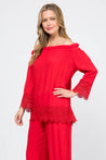 Women's Casual Off-Shoulder Crochet Trimmed Hem and Sleeve Tunic Top - Mojito Collection - Vacation Clothing, Women's Clothing, Women's Resort Wear, Women's Top