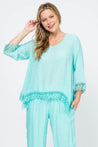 Women's Casual V Neck ¾ Sleeve Crochet Trimmed Shark Bite Hem Tunic Top - Mojito Collection - Vacation Clothing, Women's Clothing, Women's Resort Wear, Women's Top