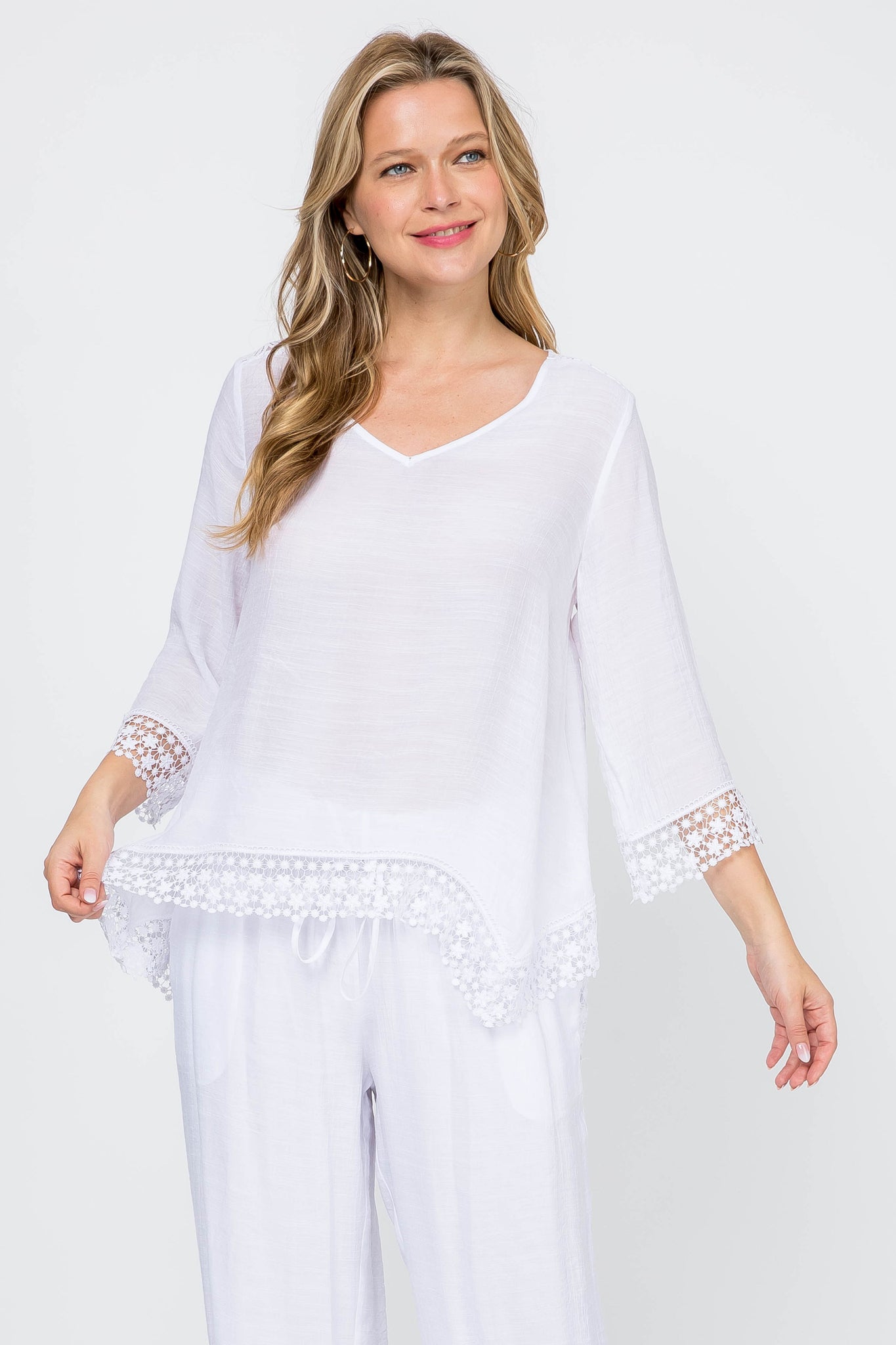 Women's Casual V Neck ¾ Sleeve Crochet Trimmed Shark Bite Hem Tunic Top - Mojito Collection - Vacation Clothing, Women's Clothing, Women's Resort Wear, Women's Top