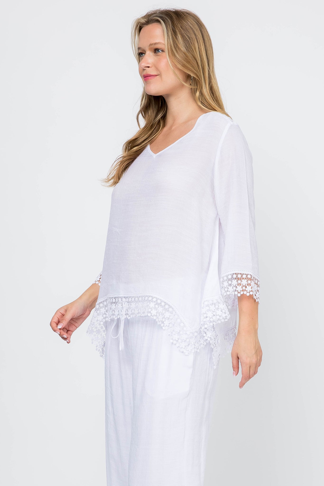 Women's Casual V Neck ¾ Sleeve Crochet Trimmed Shark Bite Hem Tunic Top - Mojito Collection - Vacation Clothing, Women's Clothing, Women's Resort Wear, Women's Top