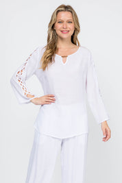 Women's Casual Scoop Neck Caged Trimmed Slit Sleeve Tunic Top - Mojito Collection - Vacation Clothing, Women's Clothing, Women's Resort Wear, Women's Top